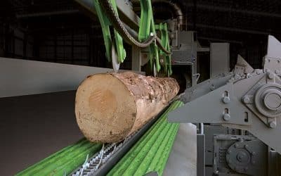 Infeed with log turning rollers